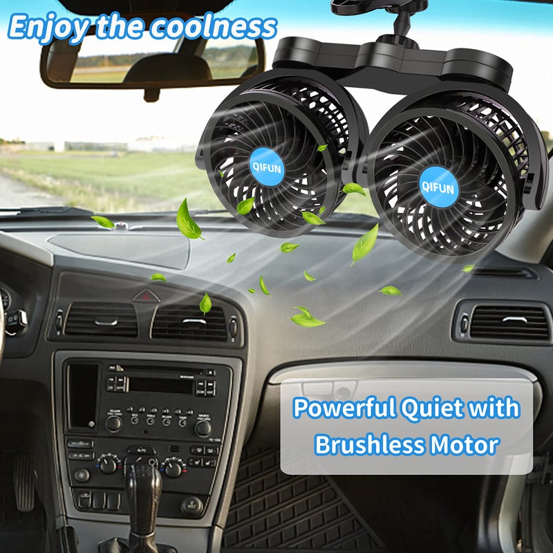 QIFUN Car Fan Adjustable Dual Head 12V 360Â° Rotatable 4 Inches Car Clip Fan for Front/Rear Seat Passenger Car Essentials Cooler with Stepless Speed Regulation for Vehicle SUV, RV - Image 2